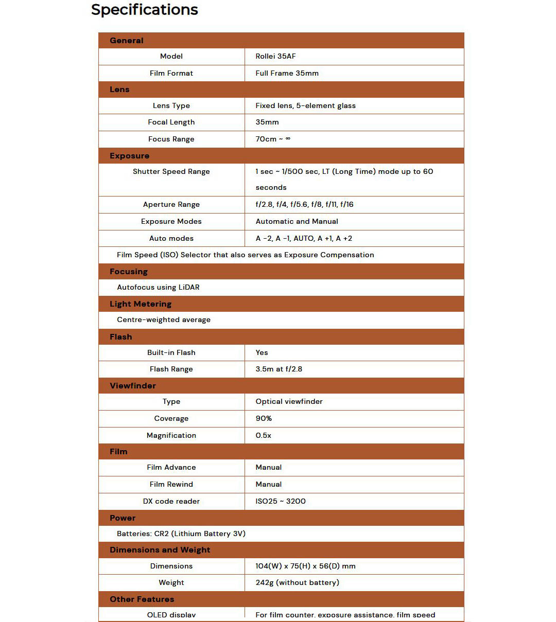 Rollei 35AF Spec Sheet